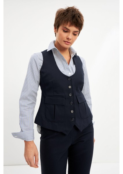 Lacivert U Yaka Astarlı Cepli Yelek modelleri