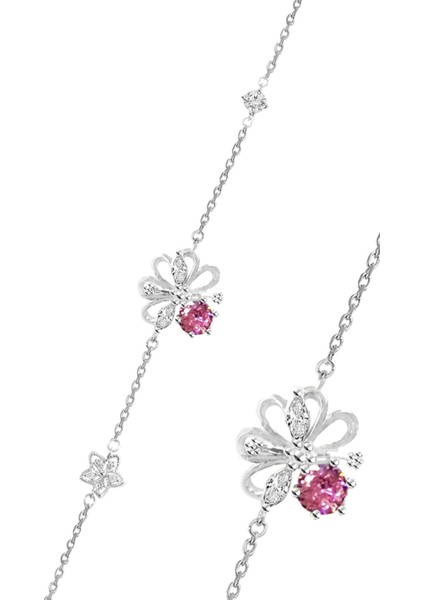 Gümüş Rodyumlu Pembe Zirkon Taşlı Büyülü Çiçekler Kadın Bileklik SGTL12648PEMBE