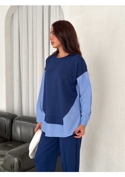 Kadın Mavi Beyaz Çizgili Modern Tasarım Uzun Kollu Gömlek Detaylı Sweatshirt Modal Takım fiyatları