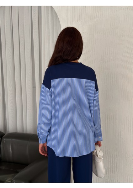 Kadın Mavi Beyaz Çizgili Modern Tasarım Uzun Kollu Gömlek Detaylı Sweatshirt Modal Takım modelleri