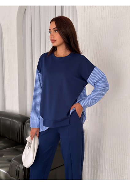 Kadın Mavi Beyaz Çizgili Modern Tasarım Uzun Kollu Gömlek Detaylı Sweatshirt Modal Takım fırsatları