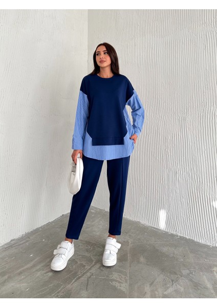 Kadın Mavi Beyaz Çizgili Modern Tasarım Uzun Kollu Gömlek Detaylı Sweatshirt Modal Takım indirimleri