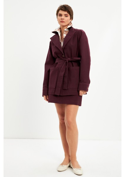 Bordo Kuşaklı Astarsız Cepli Ceket