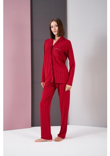 Kadın Düğmeli Balıksırtı Çizgili Uzun Kol Pijama Takım fiyatları