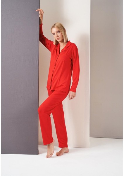 Kadın Düğmeli Biyeli Uzun Kol Pijama Takım