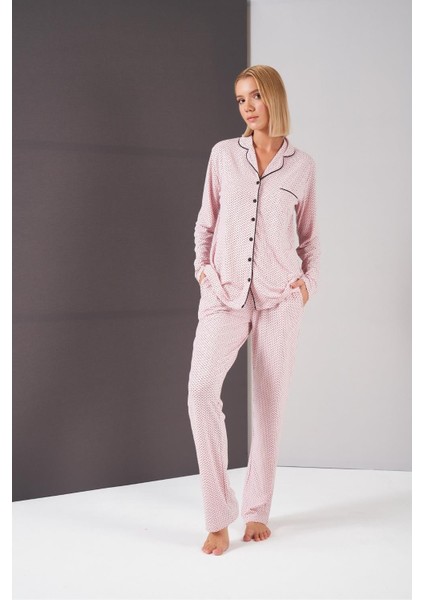 Kadın Puantiyeli Biyeli Düğmeli Uzun Kol Pijama Takım
