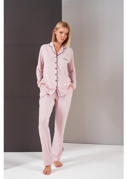 Kadın Puantiyeli Biyeli Düğmeli Uzun Kol Pijama Takım fırsatları