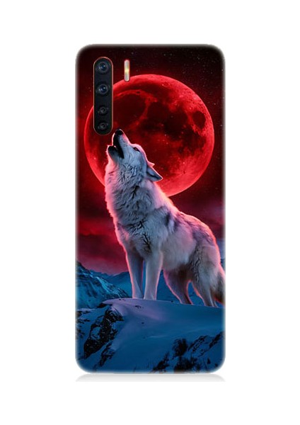 Oppo A91 Uyumlu Kırmızı Ay Kurt Desenli Silikon Kılıf