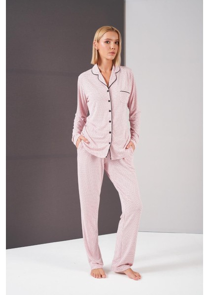 Kadın Puantiyeli Biyeli Düğmeli Uzun Kol Pijama Takım