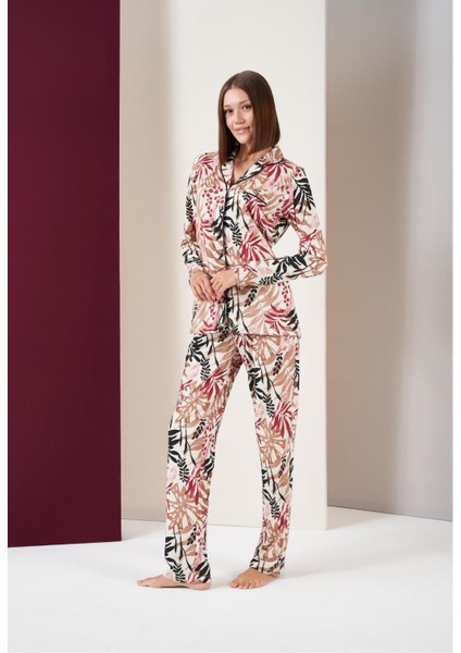 Kadın Düğmeli Desenli Uzun Kol Pijama Takım