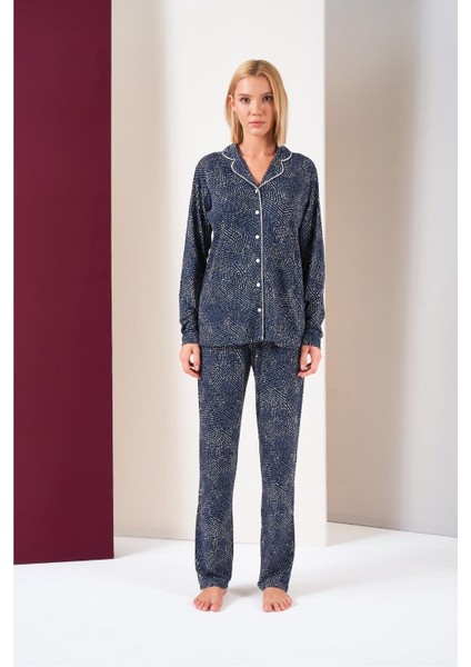 Kadın Düğmeli Biyeli Desenli Alt Cepli Uzun Kol Pijama Takım