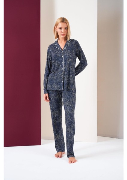 Kadın Düğmeli Biyeli Desenli Alt Cepli Uzun Kol Pijama Takım