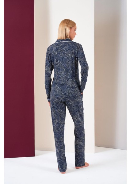 Kadın Düğmeli Biyeli Desenli Alt Cepli Uzun Kol Pijama Takım