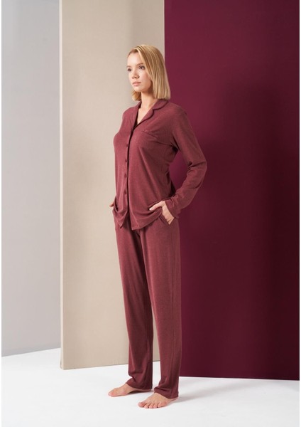 Kadın Düğmeli Uzun Kol Pijama Takım