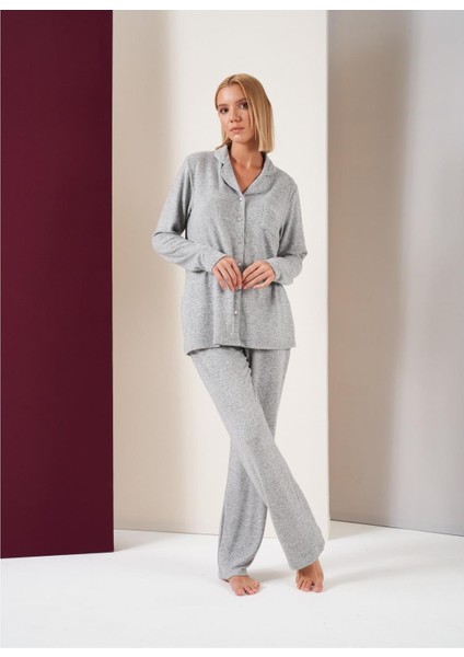 Kadın Düğmeli Biyeli Altı Cepli Uzun Kol Yumoş Pijama Takım