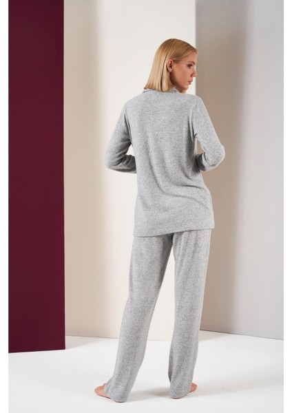 Kadın Düğmeli Biyeli Altı Cepli Uzun Kol Yumoş Pijama Takım
