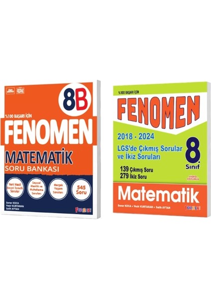 Fenomen Yayınları 8. Sınıf Matematik B Soru Bankası + LGS Matematik Çıkmış Sorular ve Ikiz Soruları (2018-2024) (2 Kitap)
