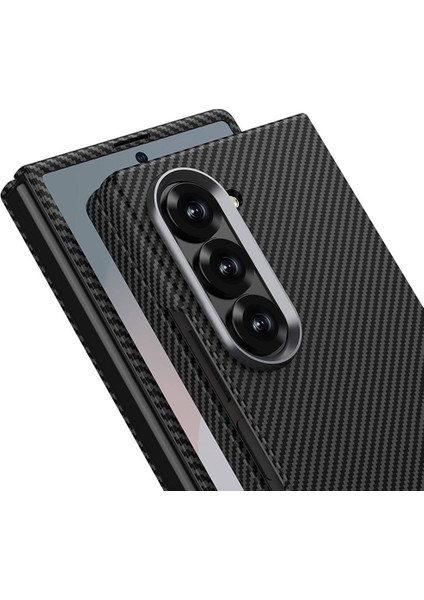 Samsung Galaxy Z Fold 6 Kılıf Kamera Korumalı Karbon Fiber Tasarımlı Arka Yüzey Kıpta Karbon Kapak-Koyu