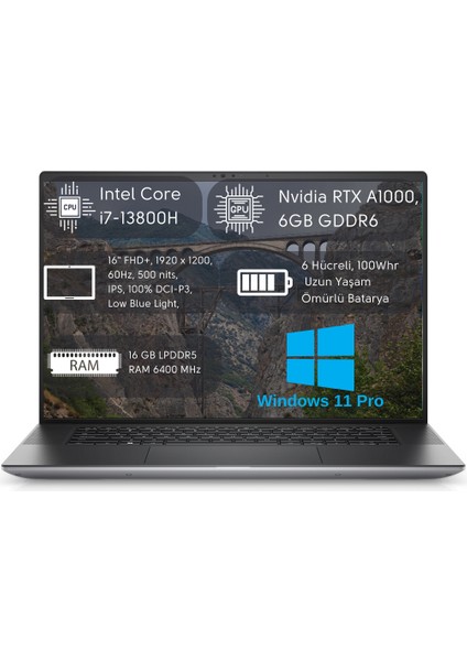 Precision M5680 Intel Core I7 13800H 16GB 1tb SSD 6gb Nvıdıa Rtx A1000 16" Fhd+ Windows 11 Pro Taşınabilir Iş Istasyonu