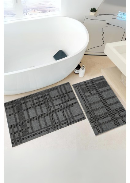 Patio 2’li Banyo Paspas Takımı Çizgili Yıkanabilir Kaymaz Taban Banyo Klozet Seti Sisal 40 x 60–60 x 90