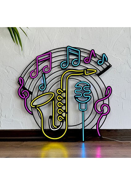 Saksafon & Müzik Neon (Led) Tabela - Pub, Club Duvar Dekoru - Metal Üzerine Neon Dekoru | 66 cm x 67 cm