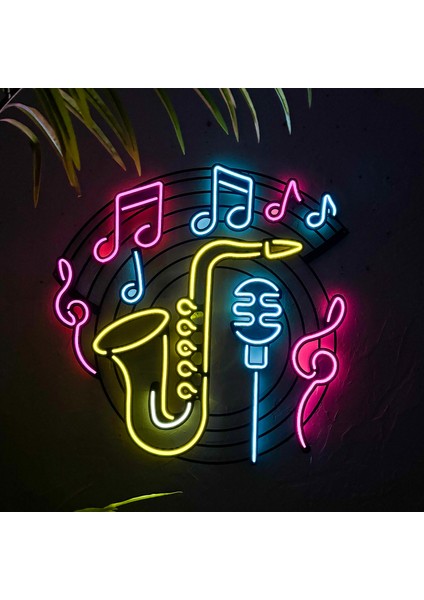 Saksafon & Müzik Neon (Led) Tabela - Pub, Club Duvar Dekoru - Metal Üzerine Neon Dekoru | 66 cm x 67 cm