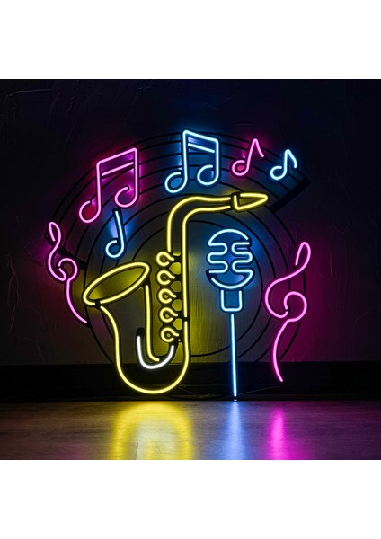 Saksafon & Müzik Neon (Led) Tabela - Pub, Club Duvar Dekoru - Metal Üzerine Neon Dekoru | 66 cm x 67 cm