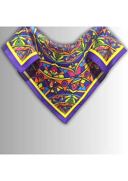 Mor Sarı Fular Bandana Ipeksi Twill Kumaş Mandala Desenli