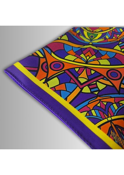 Mor Sarı Fular Bandana Ipeksi Twill Kumaş Mandala Desenli