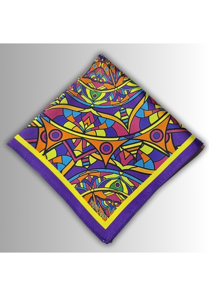 Mor Sarı Fular Bandana Ipeksi Twill Kumaş Mandala Desenli