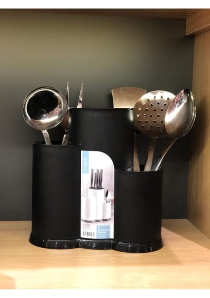 Siyah Tezgah Üstü Bölmeli Kaşık Bıçak Standı + 5 Li Çelik Düz Servis Seti Kepçe Kevgir Takımı fiyatları