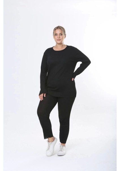 Büyük Beden Uzun Kollu Yüksek Bel Beli Lastikli Yırtmaçlı Pijama Takım
