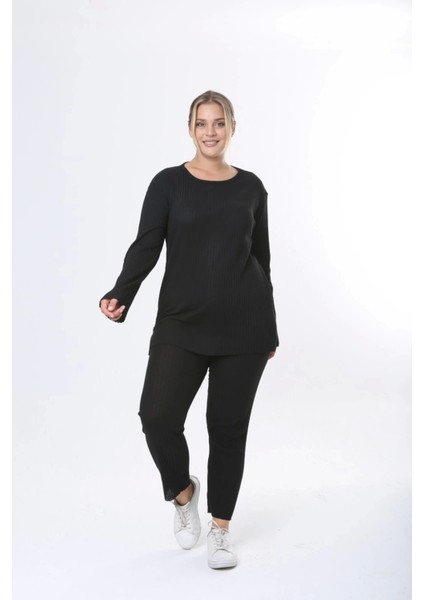 Büyük Beden Uzun Kollu Yüksek Bel Beli Lastikli Yırtmaçlı Pijama Takım
