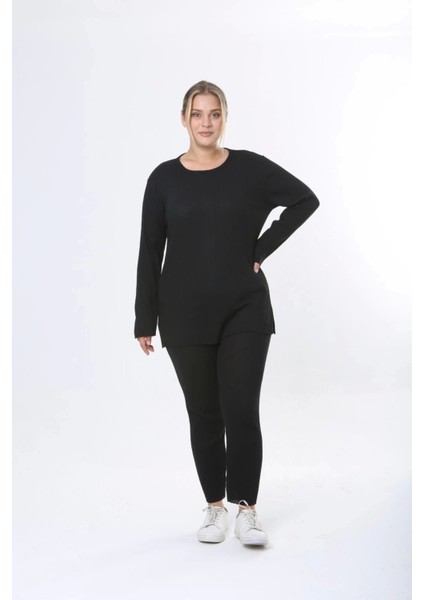 Büyük Beden Uzun Kollu Yüksek Bel Beli Lastikli Yırtmaçlı Pijama Takım