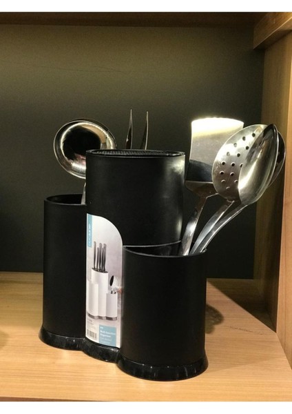 Siyah Tezgah Üstü Bölmeli Kaşık Bıçak Standı + 5 Li Çelik Düz Servis Seti Kepçe Kevgir Takımı modelleri