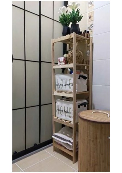 Ahşap Izgaralı 5 Raflı Banyo Rafı