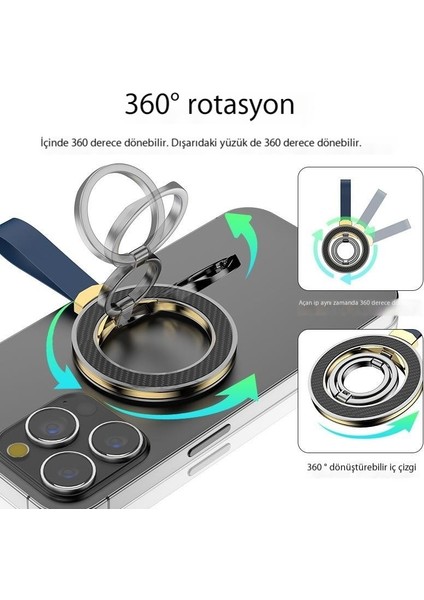 Çift Taraflı Manyetik Cep Telefonu Tutucusu, Çift Halkalı 360 Derece Dönebilen Tutucu, Apple ve Huawei'ye Uygun (Yurt Dışından)