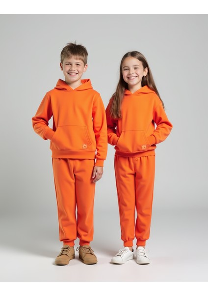 Uthar Turuncu Pamuklu Kapşonlu Çocuk Sweatshirt Eşofman Altı Takım