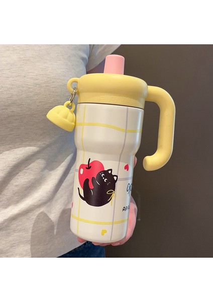 600ML Küçük Siyah Kedi Termal ve Soğuk Su Bardağı Kızlar Saman Bardak Taşınabilir Saplı Araba Bardak Big Mac Buz Bardağı (Yurt Dışından)