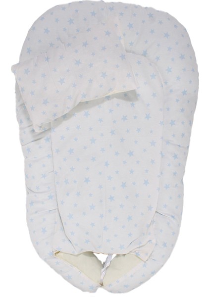Beyaz Ekru Mavi Yıldız Desenli Babynest Yatak
