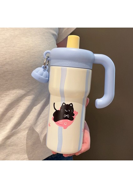 600ML Küçük Siyah Kedi Termal ve Soğuk Su Bardağı Kızlar Saman Bardak Taşınabilir Saplı Araba Bardak Big Mac Buz Bardağı (Yurt Dışından)