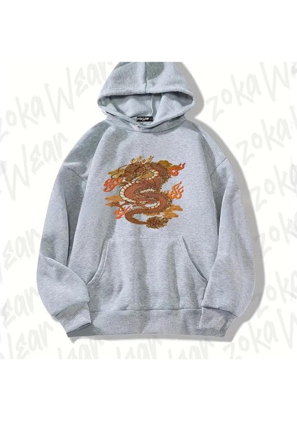 Gri Golden Dragon Tasarım Baskılı Kapşonlu Sweatshirt