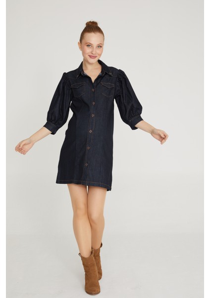 Likralı Hamile Derin Mavi Gömlek Elbise 1031