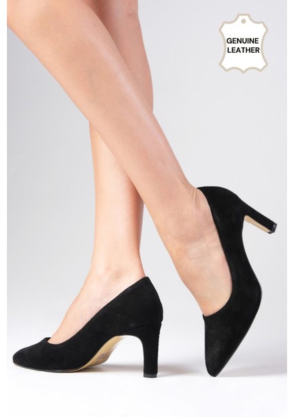 Beliz Hakiki Süet Siyah Stiletto Kadın Topuklu Ayakkabı