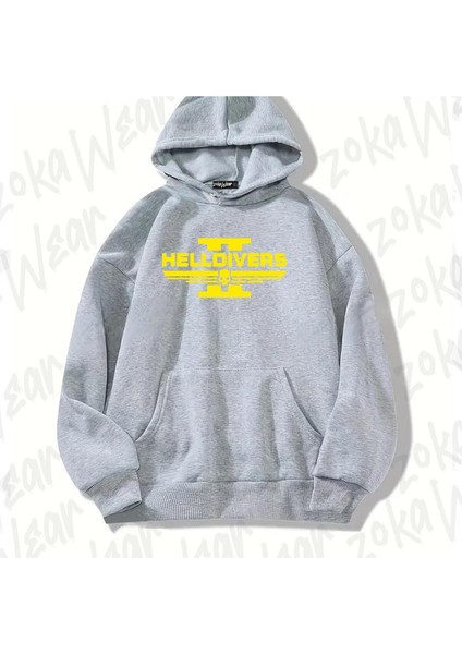 Gri Helldivers Hell Divers Tasarım Baskılı Kapşonlu Sweatshirt