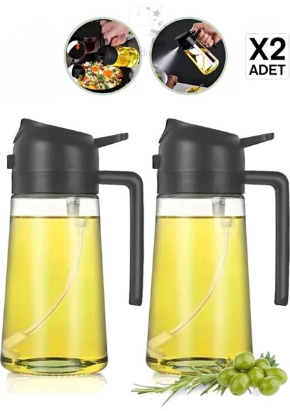 2 Adet Çift Fonksiyonlu Cam Yağdanlık 450ML Zeytinyağı Sıvıyağ Şişe Gri Airfryer Sprey Yağlık Sirkelik