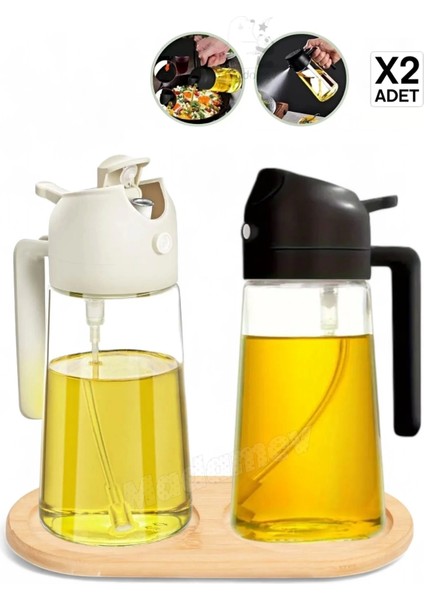 2'li Bambu Stantlı Çift Fonksiyonlu Sprey Dökme Cam Yağdanlık 450ML Sıvıyağ Şişesi Airfryer Yağlık