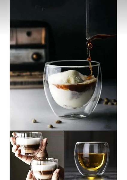 2 Adet - Çift Cidarlı Şeffaf Espresso Cam Bardak 250ML Ofis Ev Kahve