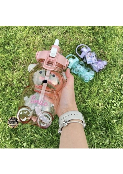 Smile Ayıcık Model Su Matarası Su Şişesi Suluk 1000ML Bpa Içermez Suluk 3D Sticker Hediye