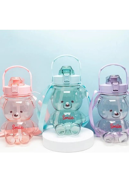 Smile Ayıcık Model Su Matarası Su Şişesi Suluk 1000ML Bpa Içermez Suluk 3D Sticker Hediye